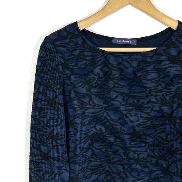 Cut Loose Tunic Top Size Small Blue Black Floral Print Long Sleeve Ribbed Artsy - Picture 2 of 9